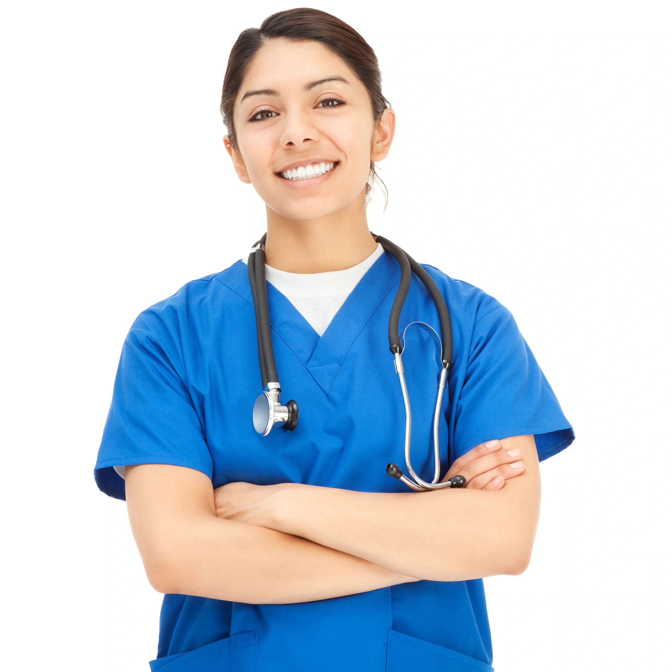 Portrait of a healthcare professional in blue scrubs